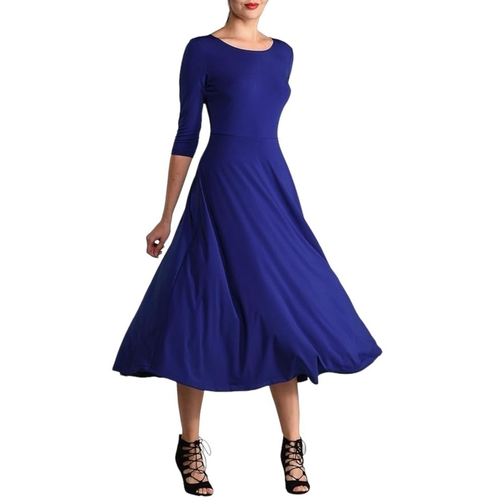 LBISSE Fit and Flare Three-Quarter Sleeve Midi Dress in‎ Royal Blue